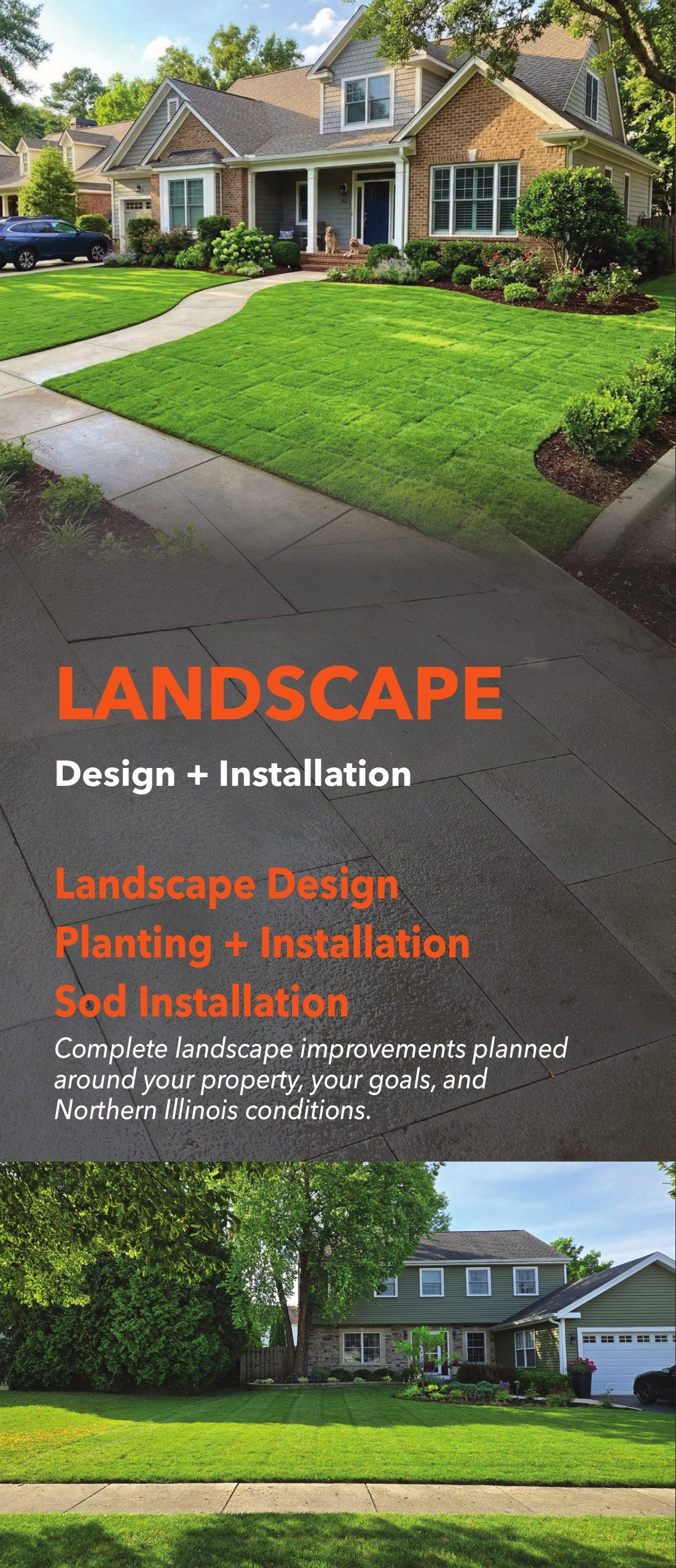 Brochure page showing landscape design, planting and sod installation services