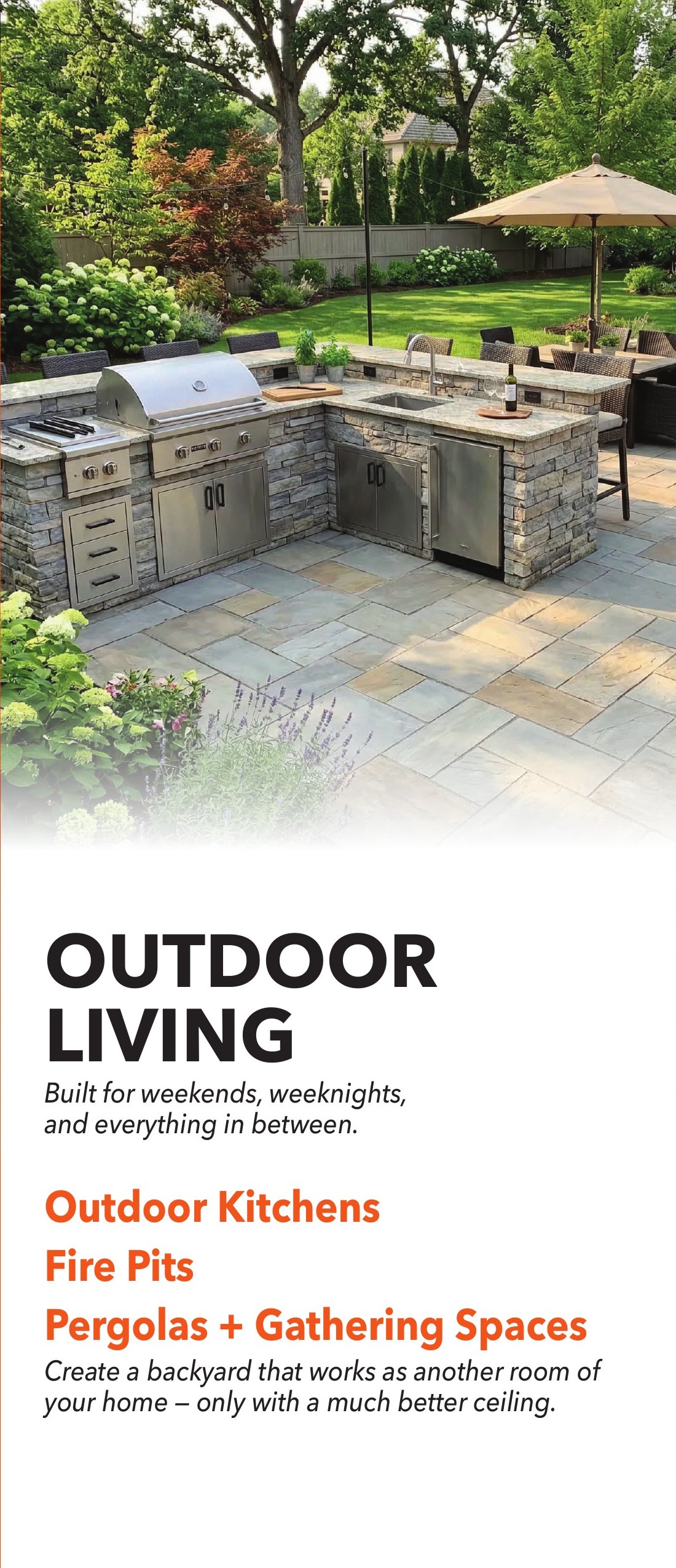 Brochure page showing outdoor kitchens, fire pits and pergolas